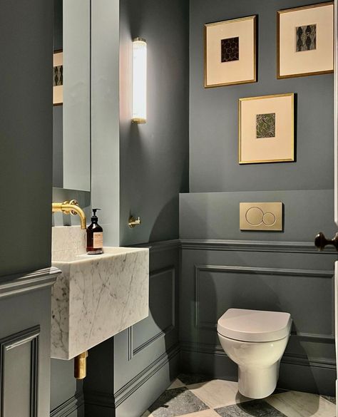 Wc Ideas, Brass Taps, Small Downstairs Toilet, Cloakroom Toilet, Marble Basin, Tumbled Marble Tile, Floor Marble, Toilet Room Decor, Mandarin Stone