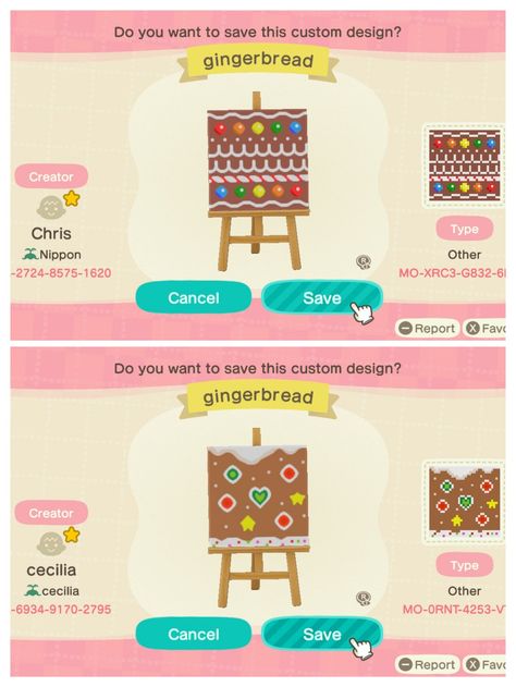 Acnh Gingerbread Design, Christmas Animal Crossing Codes, Acnh Gingerbread, Acnh Holiday, Acnh Motifs, Gingerbread Outfit, Acnh Christmas, Acnh Design, Acnh Designs