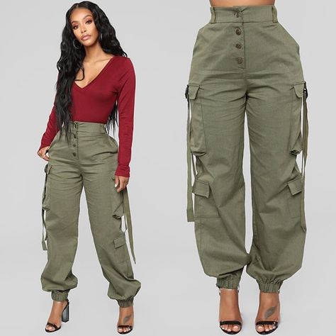 Shop this Instagram from @fashionnova High Waist Cargo Pants, Work Outfits Frauen, Waist Cargo Pants, Cargo Pants Outfit, Urban Fashion Women, Pockets Fashion, Green Cargo Pants, Green Cargo, Cargo Joggers