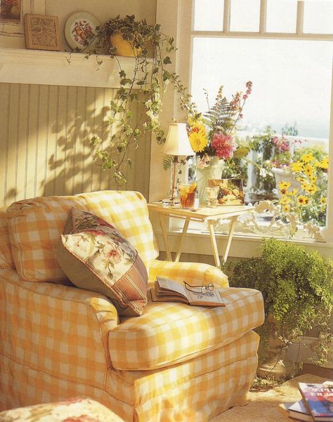 Yellow Home Aesthetic, Grandmacore Interior, Yellow Living Room Aesthetic, Retro Farmhouse Living Room, Gingham Couch, Yellow Living Room Sofas, Grandmacore Bedroom, Yellow Living Room Ideas, 90s Furniture