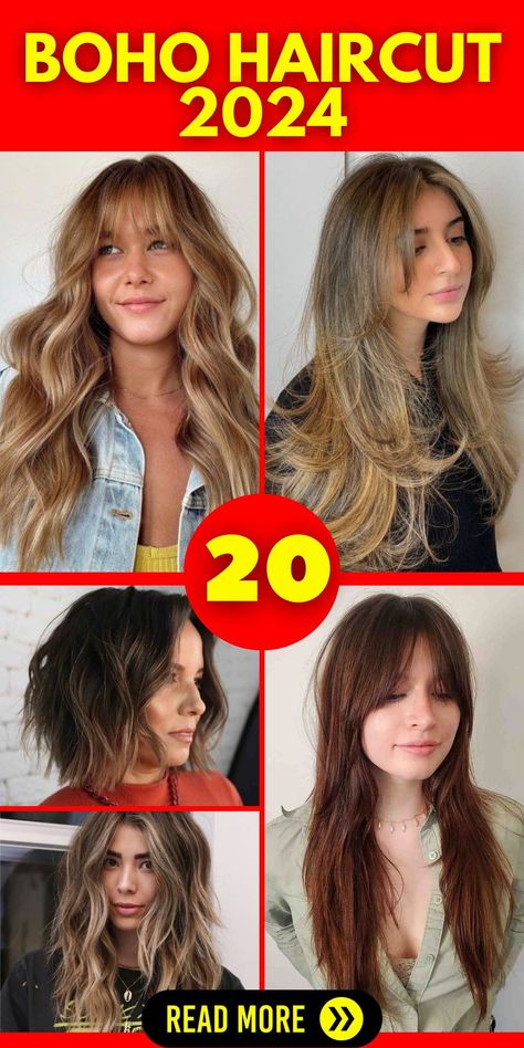 Embrace the Boho haircut in 2024 and channel your inner free spirit. This versatile hairstyle accommodates different hair lengths, including long, short, and medium. Whether you prefer long straight styles, medium hair with bangs, or short wavy locks, the Boho haircut lets you express your unique personality. With options like layered styles, edgy cuts, and more, you can curate a Bohemian-inspired look that suits your style. Long Layered Boho Hair, Boho Haircuts For Long Hair, Boho Bangs Hair, Unique Long Haircut, Fun Long Hairstyles, Bohemian Hairstyles For Medium Hair, 2024 Hair Trends For Women Long, Edgy Long Haircut, 2024 Hair Trends For Women Medium