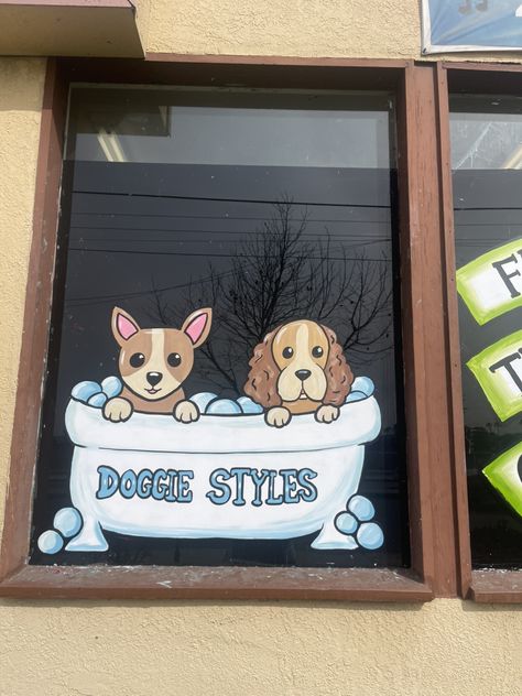 Dog Grooming Window Art, Dog Mural Ideas, Dog Facility, Painted Window Art, Window Paintings, Window Paint, Window Writing, Fall Windows, Dog Window