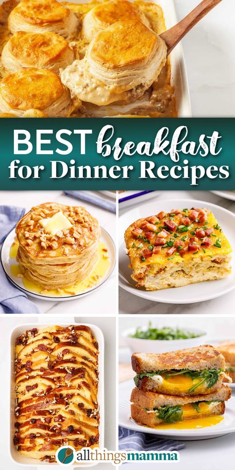 breakfast recipes in a 5-image collage template showing, biscuits and gravy casserole, peanut butter pancakes stacked, a serving of breakfast casserole with bacon, brioche french toast casserole, and egg and cheese sandwich cut in half stacked and sitting on a white round plate Breakfast Night Ideas, Breakfast For A Family, Best Breakfast For Dinner Ideas, Pancake Dinner Ideas, Breakfast For Supper Ideas, Breakfast Ideas For Dinner, Brinner Ideas, Easy Breakfast For Dinner, Breakfast Dinner Ideas