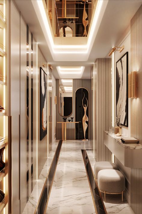 Designed a modern apartment house that's clad in cream color, has a long hallway with low ceiling. Long Hallway Design, Strip Led Lights, Long Hall, Novel Inspiration, Hallway Design, Apartment House, Strip Led, Long Hallway, House Interior Design