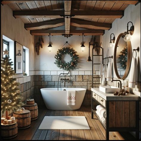 Warm Home Aesthetic Bathroom, Wonderland Bathroom, Christmas Bathroom Decor Ideas, Winter Bathroom, Snowy Escape, Holiday Bathroom, Relaxing Bathroom, Theme Soft, Christmas Lodge