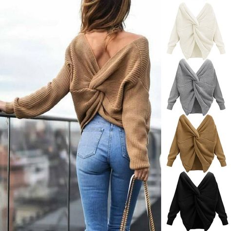 New Arrival Solid Color V Neck Twisted Back Knot Sweater Women Jumpers Pullovers Long Sleeve Knitted Tops Knot Sweater, Art Men, Solid Color Sweater, Tan Sweater, Long Sleeve Jumper, Knitted Tops, Long Sleeve Knit Sweaters, Warm Sweaters, Long Sleeve Knit Tops