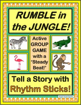 "Rumble in the Jungle!" - Tell a Group Story with Rhythm Sticks! Jungle Preschool, Preschool Music Lessons, Jungle Animal Crafts, Safari Classroom, Orff Lessons, Rhythm Sticks, Library Decorations, Jungle Crafts, Giraffes Cant Dance