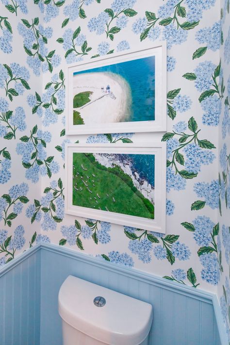 Our Powder Room Redesign Hydrangea Wallpaper - Style Charade Light Blue Wainscoting Bathroom, Hydrangea Powder Room, Preppy Coastal Bathroom, Grandmillenial Bathroom, Cobb Cottage, Vintage Bathroom Wallpaper, Wallpaper Half Bath, Bathroom Wallpaper Inspiration, Wc Decor