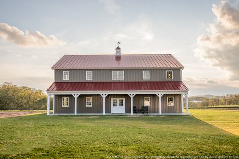 Metal Building with Living Quarters / metal building with living quarters plan and pictures / pole buildings living quarters / 40x60 shop plans with living quarters / living quarters inside metal building / pole house / barn conversion / barndominium  #metalbuilding #barndominium #barnconversion Red Roofed Houses, 2 Story Barndominium Exterior, Two Story Metal Building Homes, Two Story Pole Barn, Post And Beam Barn Homes, Steel Houses, Metal Buildings With Living Quarters, Pole Barn House, Barn House Kits