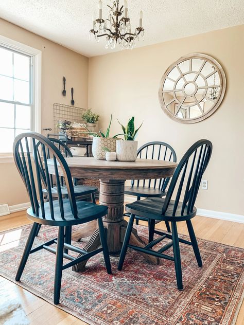 Refinished Dining Table Round Dining Table Makeover, Wood Table Black Chairs, Refinished Dining Table, Table Black Chairs, Farmhouse Round Dining Table, Round Dining Table Decor, Refinished Table, Dining Table Makeover, Black Chairs