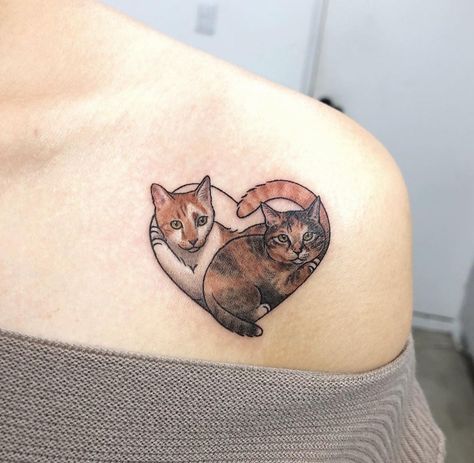 Kitty Heart Tattoo, Mom And Kitten Tattoo, Cat Tattoo Heart, Cat Shoulder Tattoo, Cat Heart Tattoo, Cat Mom Tattoo, Bestie Tats, Heart Locket Tattoo, Watercolor Cat Tattoo