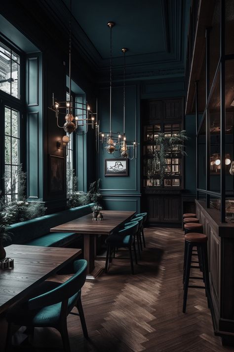 Beautiful Bars Design, Black Walls Restaurant, Dark Restaurant Interior Design, Pub Ceiling Design, Dark Green Restaurant Interior, Modern Tavern Design, Speak Easy Design Inspiration, Old Pub Interior Ideas, Moody Hotel Lobby