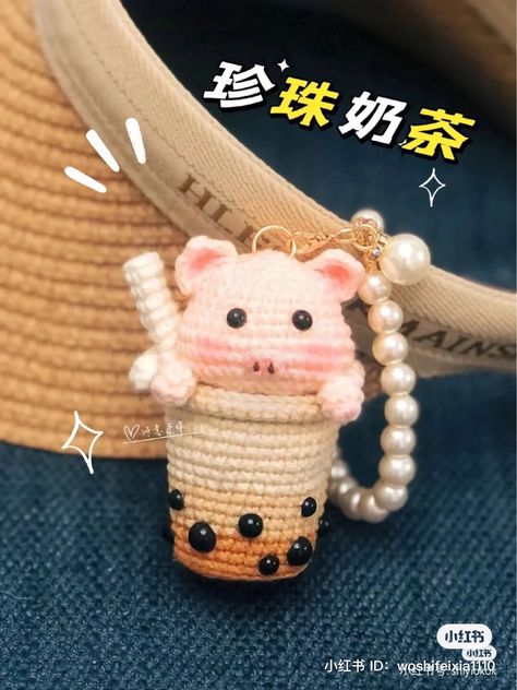 Pig milk tea crochet pattern. Pig milk tea crochet pattern Tea Crochet Pattern, Tea Crochet, Crochet Keychains, Crochet Cup Cozy, Crochet Pig, Crochet Cute, Milk Box, Crochet Collection, Bunny And Bear