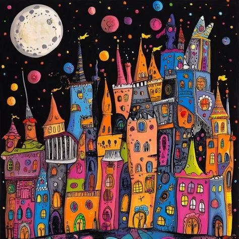 ↑↑↑ Larger size on website 🔸 A whimsical cityscape with bright, colorful buildings under a large, white moon with grey spots in a Moon At Night, Abstract Cityscape, Colorful Buildings, Label Image, Black Sky, White Moon, Colourful Buildings, White Stars, Windows Doors