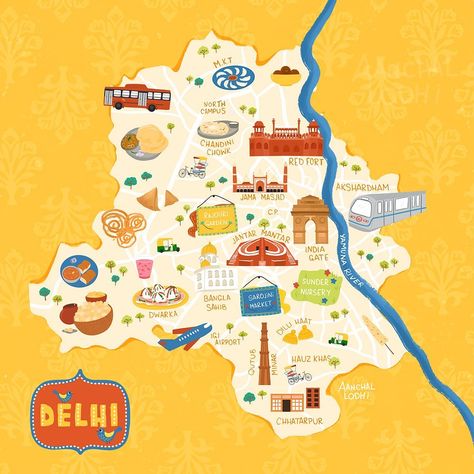 THEY DRAW…Maps! | This super sweet map of Dilwaalon ki Dilli (Delhi, India) was just submitted to THEY DRAW by Aanchal Lodhi(@by.aanchal ). It depicts a… | Instagram Delhi Illustration, Delhi Poster, City Infographic, Delhi Map, India Illustration, City Maps Illustration, Delhi Food, Chole Bhature, Delhi Sultanate