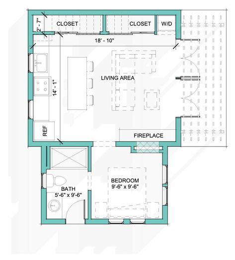 Adu Floor Plans Layout, 1 Bedroom Pool House Plans, Adu Layout Ideas, Guesthouse Layout, Garage Adu Floor Plans, Floor Plan Cottage, Tiny Airbnb, Adu Garage, Garage Adu