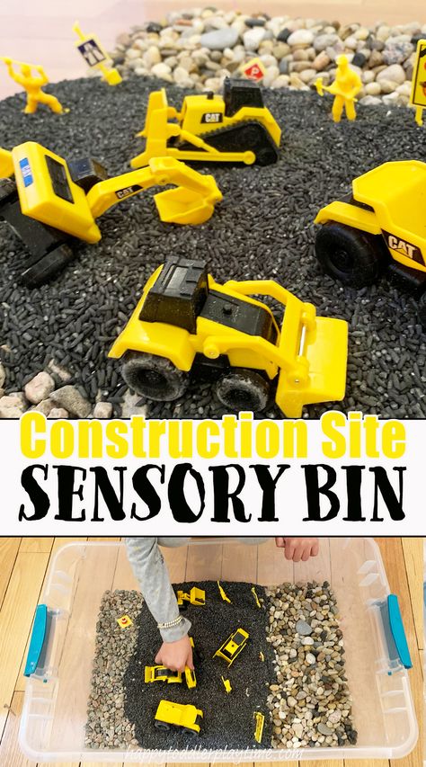 Construction Site Sensory Bin - Happy Toddler Playtime Career Sensory Bin, Diy Construction Sensory Bin, Construction Site Sensory Bin, Community Helper Sensory Bin Ideas, Cars Sensory Bin, Construction Crafts Preschool, Community Helpers Sensory Bin, Community Helpers Sensory, Sensory Bins For Preschool