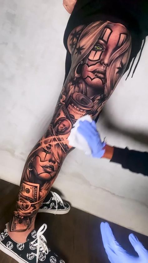 Tatuador: @surantyyasaa_tattoo Woman’s Tattoo Leg Sleeve, Gangsta Leg Tattoo, Baddie Leg Sleeve Tattoo, Men Leg Tattoo Ideas Sleeve, Mens Tattoos Leg, Tattoos For Legs Woman, Tattoo Legs For Men, Women’s Full Leg Sleeve, Woman Leg Sleeve Tattoo