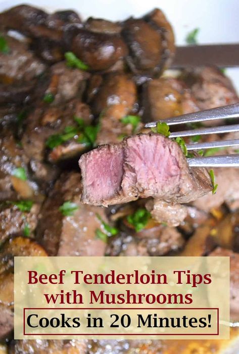 Beef tips and mushrooms are an easy but elegant meal to make. This beef tenderloin steak tips recipe is delicious but simple! #beeftips #beeftenderoloinrecipe #dinner #beefitswhatsfordinner #beeftipsrecipe #steaktips Beef Tenderloin Tips Recipes, Beef Tips And Mushrooms, Tenderloin Tips Recipe, Beef Tenderloin Tips, Steak Tips Recipe, Tenderloin Tips, Beef Tenderloin Recipes, Delicious Steak, Beef Filet