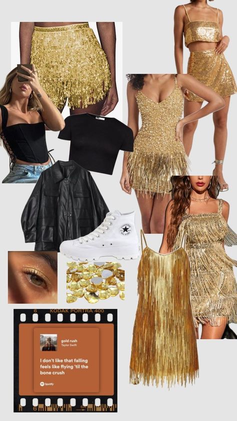 Gold Rush Outfit Ideas, Sunshine Eras Tour Outfit, Gold Rush Eras Tour Outfit, Gold Eras Tour Outfit, Gold Rush Taylor Swift Outfit, Champagne Problems Eras Tour Outfit, Gold Concert Outfit, Gold Rush Outfit, Eras Tour Inspo Outfit