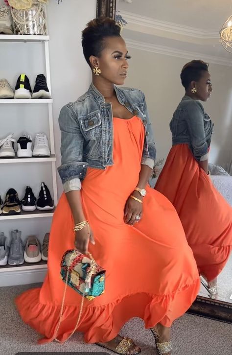 Summer Outfits For Black Women Over 50 Style, Harry Styles Concert Outfit Ideas Sparkly, Mothers Day Dress Ideas, Orange Sundress Outfit, Cream And Orange Outfit, Apricot Outfit Ideas, Summer Outfits 2023 Fashion Trends Black Women, Spring Dresses Black Women, Petite Fashion Over 50 Fifty Not Frumpy