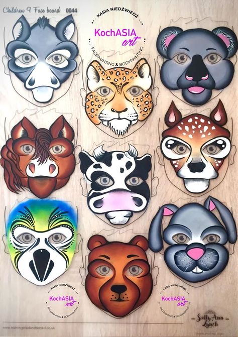 Face paint animals cow,  koala, rabbit, bear, leopard Face Paint Animals, Animal Face Paintings, Paint Animals, Paint Charts, Face Painting Easy, Kids Face Paint, Belly Painting, Face Chart, Face Painting Halloween