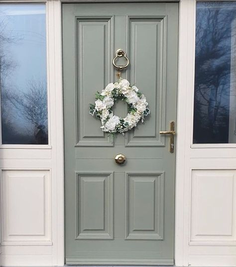 Colourtrend on Instagram: “Welcome colour into your home with a brightly painted front door. Gris Verte is a playful green with a grey undertone that works perfectly…” Green Grey Front Door, Dulux Front Door Colours, Frenchic Paint Front Door, Dulux Blue, Strong Silent Type, Green Grey Paint, Front Door Inspiration, Colourtrend Paint, Frenchic Paint