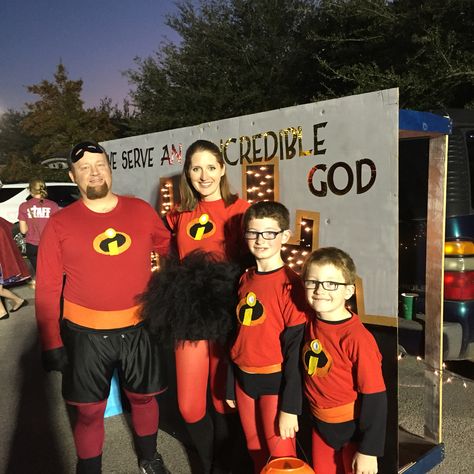 We serve an Incredible God, trunk or treat. Incredible costumes. The Incredibles Trunk Or Treat Ideas, Incredibles Trunk Or Treat Ideas, The Incredibles Trunk Or Treat, Incredible Trunk Or Treat, Incredibles Trunk Or Treat, Christian Trunk Or Treat Themes, The Incredibles Halloween Costume, Pixar Costume, Disney Family Costumes