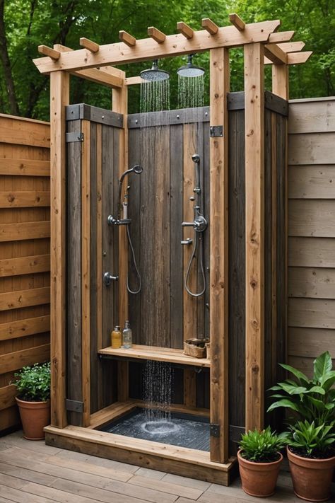 Rustic Outdoor Shower Ideas, Outside Shower Ideas, Outdoor Shower Inspiration, Stone Shower Floor, Outdoor Shower Ideas, Outside Showers, Outdoor Shower Enclosure, Outdoor Shower Diy, Earth House