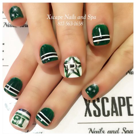 Dallas star nails Dallas Stars Nails, Hockey Nails Designs, Hockey Nails, Nails Star, Stars Nails, Time Nails, Sports Nails, Star Nail Designs, Mermaid Nail