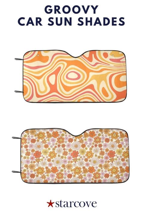 Earthy Car Decor, 70s Car Decor, Indie Car Decor Aesthetic, Orange Car Decor, Groovy Car Interior, Cute Sun Shade For Car, Cute Windshield Sunshade, Windshield Shade, Automotive Seat Covers