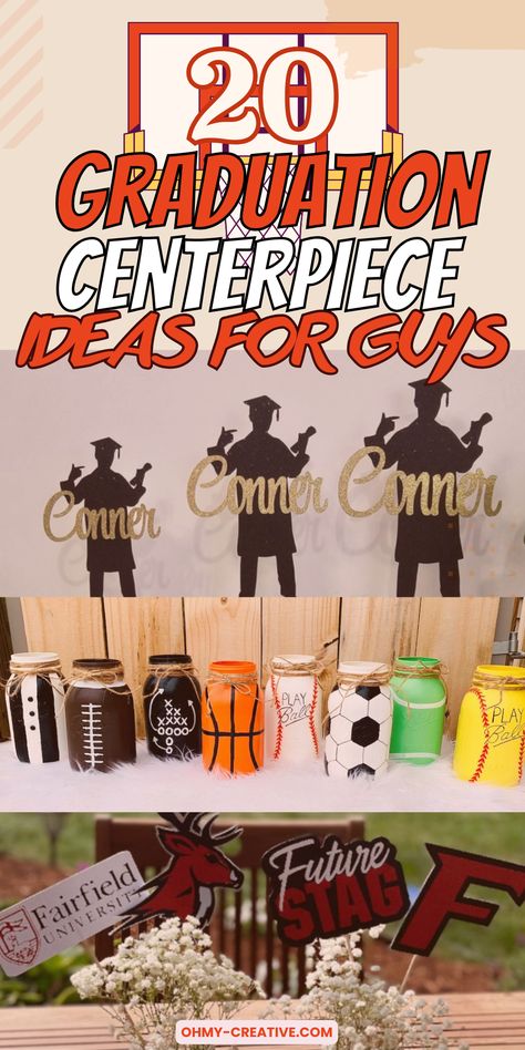 Transform your party with this 20 Graduation Centerpiece Ideas For Guys! Explore our selection for a personalized school celebration they'll ever forget. Create simple graduation party centerpieces to go along with the grad party theme. Plenty of sports centerpiece ideas as well! High School Graduation Centerpieces Boys, Male Graduation Centerpiece Ideas, Sports Theme Graduation Party Ideas, Sport Centerpieces Ideas, Graduation Table Centerpieces For Boys, Sports Graduation Party Ideas, Graduation Party Centerpieces For Boys, Graduation Centerpiece Ideas For Boys, Senior Table Ideas Sports