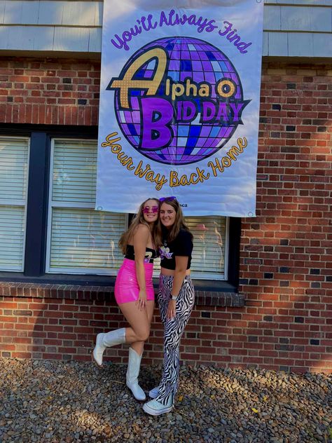 Hannah Montana Party Decorations, Hannah Montana Bid Day, Disco Banner Sorority, Alpha Xi Delta Bid Day, Hannah Montana Sorority Bid Day, Sorority Activities, New Bids On The Block Bid Day, Party Like It’s Your Bid Day, Theta Chi