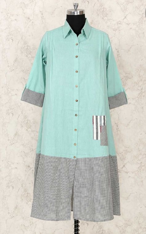 Beautiful Cotton buttton-down shirt collar kurti with patch detailing. Shirt Kurti Style, Shirt Collar Kurti Design, Shirt Collar Kurti, Shirt Kurti, Collar Kurti Design, Cotton Kurties, Latest Designer Kurtis, Collar Kurti, Kurti With Jeans