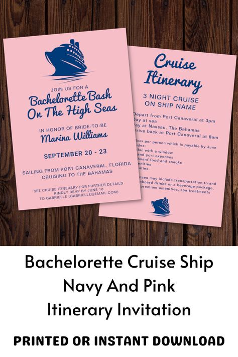 A modern invitation for a bachelorette cruise trip. Featuring a cruise ship graphic and the the words "Bachelorette bash on the high seas". In a stylish color palette of navy and pink. The reverse of the invitation features an itinerary for the cruise ship bachelorette as well as information about the costs (particularly useful for first-time cruisers). A great way to get the girls excited for the last sail before the veil! Bachelorette Cruise Ideas, Last Sail Before The Veil, Itinerary Invitation, Bachelorette Cruise, Cruise Trip, Bachelorette Decorations, Marine Theme, Ship Names, Bachelorette Trip