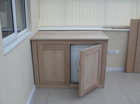 Tumble dryer cupboard, with storage for washing basket!  With shelving above so it looks like a dresser :-) Storage Washing Machine, Dryer Cupboard, Outside Laundry Room, Bathroom Storage Bench, Carport Makeover, Outdoor Laundry Rooms, Laundry Cupboard, Diy Cupboards, Under Stairs Storage