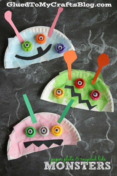 Paper Plate Recycled Lid Monster - Kid Craft Monster Craft, Paper Plate Crafts For Kids, Monster Crafts, Kid Craft, Daycare Crafts, Paper Plate Crafts, Plate Crafts, Halloween Crafts For Kids, Crafts For Kids To Make