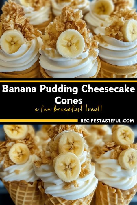 A fun and delicious twist on classic banana pudding, these Banana Pudding Cheesecake Cones are perfectly portable, packed with creamy banana goodness, and a delightful treat for any occasion. Classic Banana Pudding, Cheesecake Cones, Pudding Cheesecake, Banana Treats, Banana Pudding Cheesecake, Banana Dessert Recipes, Lemon Dessert Recipes, Banana Dessert, At Family