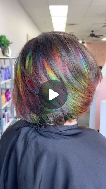 Rainbow Highlights Hair Brown, Prism Highlights, Rainbow Prism Hair, Prism Hair Color, Prism Hair, Short Rainbow Hair, Rainbow Hair Color Ideas, Pulp Riot Hair, Rainbow Hair Color