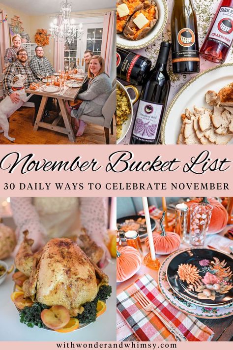 Happy November, whimsies! A new month means a new monthly bucket list, packed with fun and creative things to do all November long. In my November Bucket List, I’m sharing 30 ways to celebrate November to help you give thanks for what you have, find ways to show thanks to those you love, and spread goodness and light. November’s roundup is all about being giving, gracious, and cozy this Thanksgiving and holiday season! Monthly Bucket List, November Bucket List, Pastel Christmas Decor, November Ideas, Wonder And Whimsy, November Thanksgiving, November Activities, Christmas Bucket List, Happy November