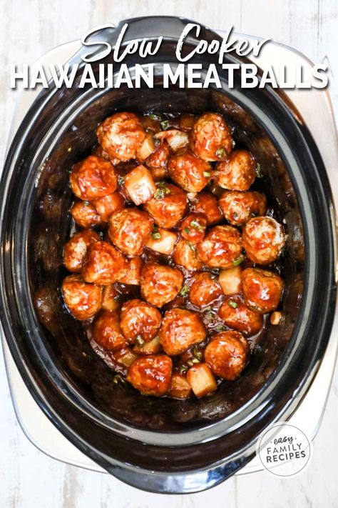 Goodness! These are DELICIOUS! Hawaiian BBQ Meatballs are perfect for an easy dinner entree or can be the perfect party appetizer for a potluck, family gathering, neighborhood BBQ, or holiday celebration. This pineapple BBQ Meatballs recipe has an addicting sweet and tangy flavor combo and the pineapple makes them over the top delicious! Serve them over rice for an easy dinner idea, or in a crockpot or on toothpicks for a hearty appetizer for a party. Hawaiian Meatballs Crockpot, Crockpot Hawaiian Meatballs, Meatball Appetizer Crockpot, Slow Cooker Hawaiian Meatballs, Dairy Free Meatballs, Hearty Appetizer, Dnd Food, Bbq Meatball Recipe, Meatballs Crockpot