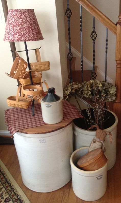 Old crocks.                                                                                                                                                                                 More Redwing Crocks Decorating, Displaying Old Crocks, Crock Display Ideas, Old Crocks Decor Ideas, Crock Decor Ideas, Decorating With Old Crocks, Crock Decorating Ideas, Decorating With Crocks, Crock Display