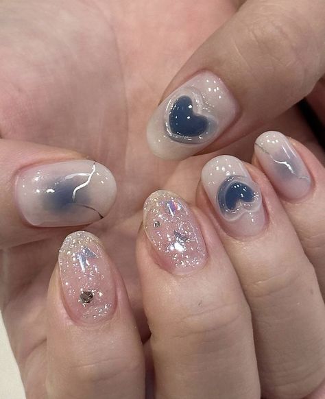 Korean Gel Nail Designs Simple, Blue Nails Inspo Short, Short Nails 3d Design, Korean Gel Nails Simple, 3d Korean Nails, Nail Art Simple Blue, Blue Summer Nails Short, Blue Short Nail Designs, Omakase Nails