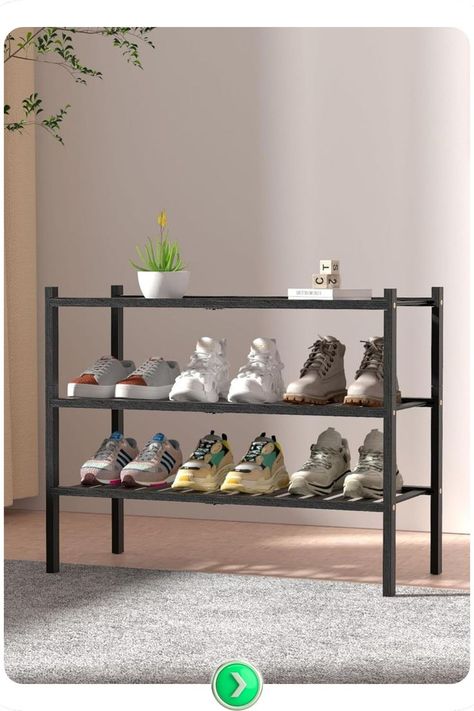 Industrial open-shelf shoe rack with metal frame, combining function and style. Open shelves keep shoes accessible, with a durable frame that suits industrial decor. Open Shelves Ideas, Style Open Shelves, Practical Entryway, Industrial Shoe Rack, Entryway Shoe Storage Ideas, Shoe Storage Ideas, Entryway Shoe Storage, Entryway Shoe, Open Shelf