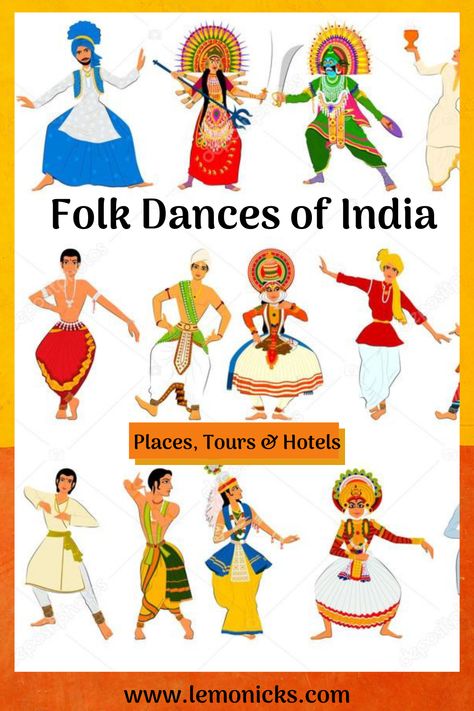 Folk dances from Indian states. Their history, origins, occassion, costume & dress codes, all details including tours and stay options. #Travel #India #dances #Folk #lemonicks #Incredibleindia #folklore #dandiya #bihu #jhumur #Cham #Manipuridance #Bhangra #harvest Group Song Dress Code, Folk Dances Of Indian States, Folk Dances Of India, Folk Dance Drawing, Bihu Dance Drawing, Teaching Folk Dance Around The World, Teaching Folk Dance, Indian Folk Dance, Manipuri Dance