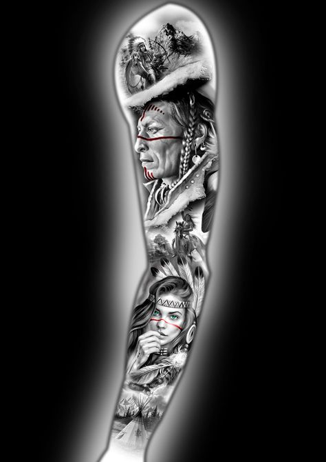 Native American Realism Tattoo, Totem Pole Tattoo Native American, Native Sleeve Tattoo, Cherokee Indian Tattoos For Men, Native Indian Tattoo Design, Native American Sleeve Tattoo, Indian Tattoos For Men, Native American Sleeve, Native American Warrior Tattoos