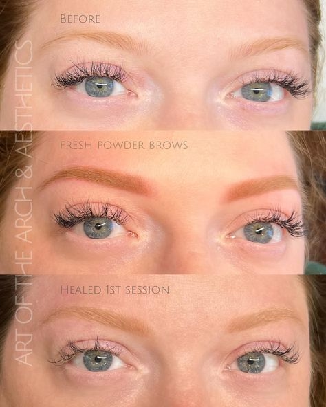 Show me those healed results ❣️ ^Before, ^immediately after powder brows (red head edition), and ^healed results after one session. Her before: she had her brows tinted the color she liked them (otherwise she had very blond brow hairs - almost unseen by the naked eye) 🎯 Her goals: to have visible eyebrows that weren’t blond or taupe and wanted a warm in tone to match her (*beautiful) red hair and compliment her skin tones. Her after: more vibrant and bright in color, this is normal and la... Tinted Brows, Henna Eyebrows, Powder Brows, 34th Birthday, Beautiful Red Hair, Brow Tinting, Exposure Photography, Red Head, Makeup Style