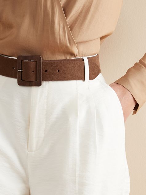 A wide belt with a wooden accent buckle crafted in sturdy, soft suede.  Height: 1. 2" (3cm) Winter Belts, Shifting Wardrobe, 10 Piece Wardrobe, Light Academia Outfit, Formal Pants Women, Modest Spring Outfits, Ootd Idea, Trendy Belts, Wide Waist Belt