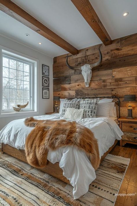 modern-western-bedroom-4 Rustic Farm Bedroom Ideas, Rustic Cabin Bedding Ideas, Western Homes Interior, Full Size Western Bedding, Decor For Master Bed, Master Bedrooms Western, Rustic Chic Master Bed, Blonde Furniture Bedroom Ideas, Calm Western Bedroom