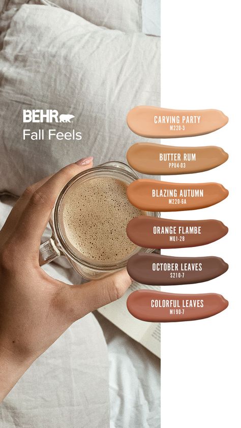 Love pumpkin spice? Check out this palette of fall hues that will make your home feel as cozy as your go-to knit sweater. Apple Cider Paint Color, Cider Spice Behr Paint, Behr Cider Spice, Earthy Boho Paint Colors, Behr Wheat Bread Palette, Amber Autumn Behr Paint, Vaulted Ceiling Paint Ideas, Brown Mustard Behr Paint, Earthy Paint Colors